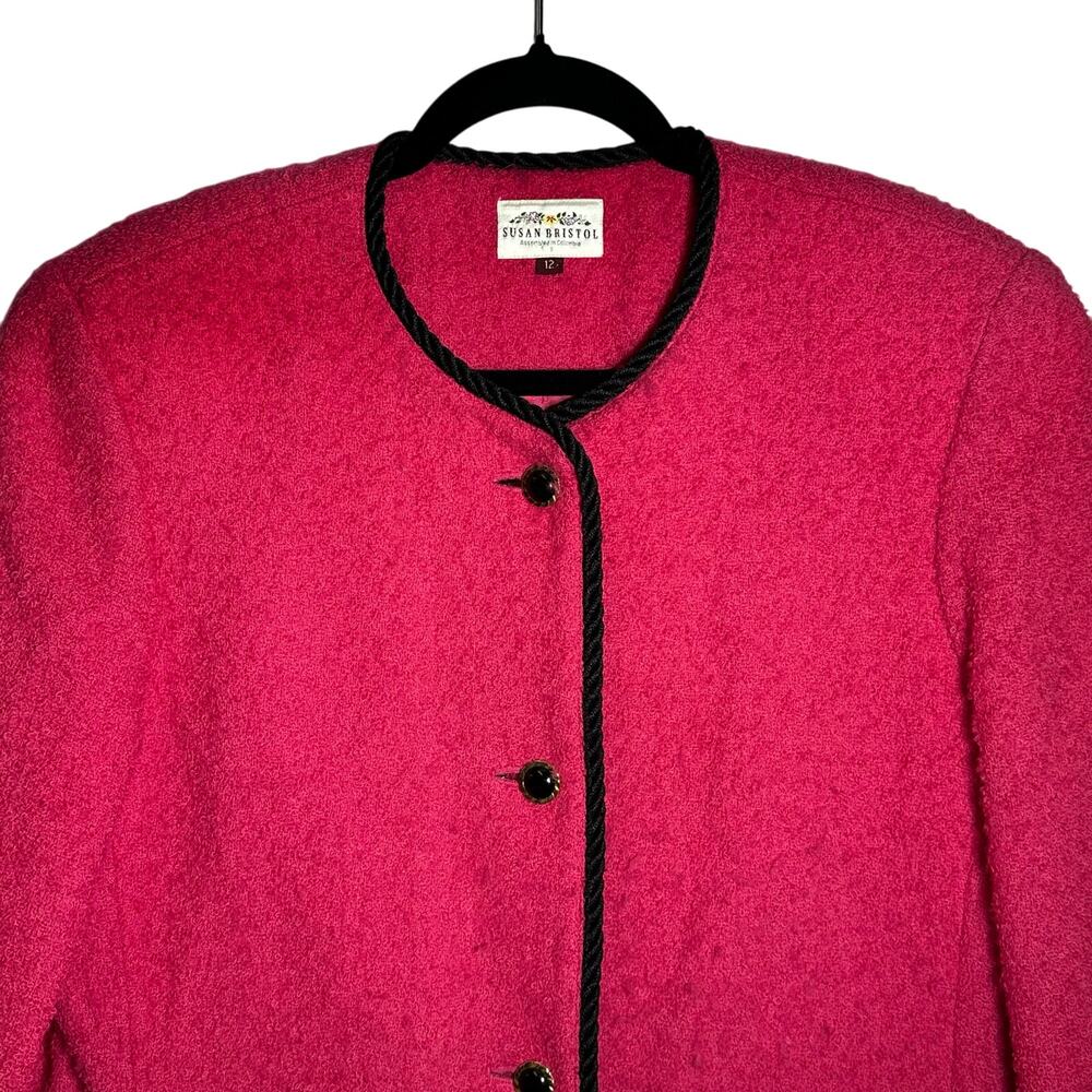 Susan Bristol Pink Black Worsted Wool Blend Suit Jacket Blazer Size 12 Vintage - Picture 3 of 8
